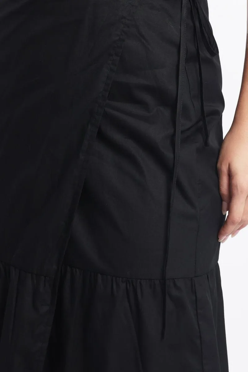 Black Wrap Cotton Poplin Blend Maxiskirt Floor Length Suede Feel