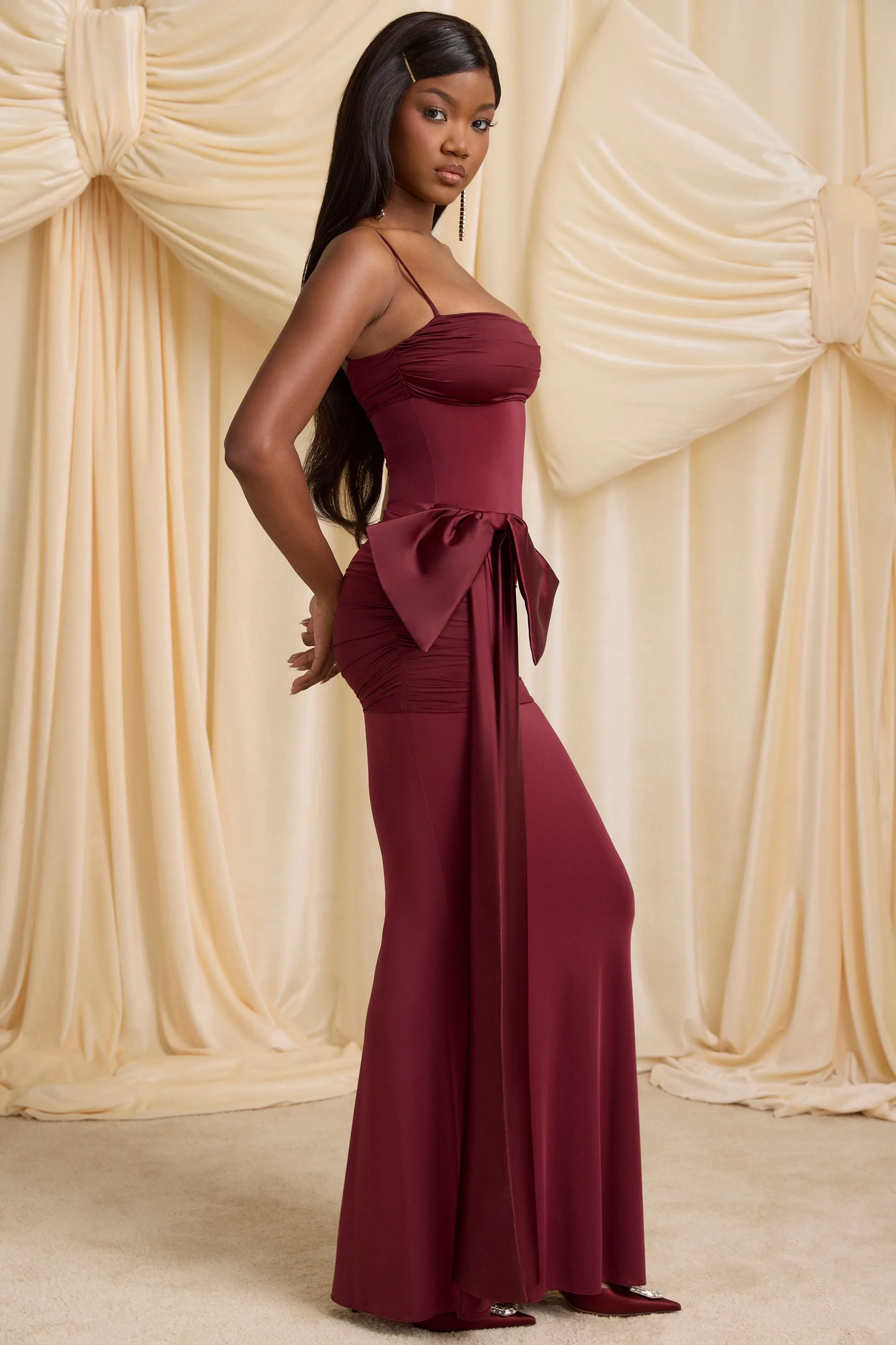 Bow-Detail Ruched Maxi Dress in Wine Red Urban Glow Shimmer Sky