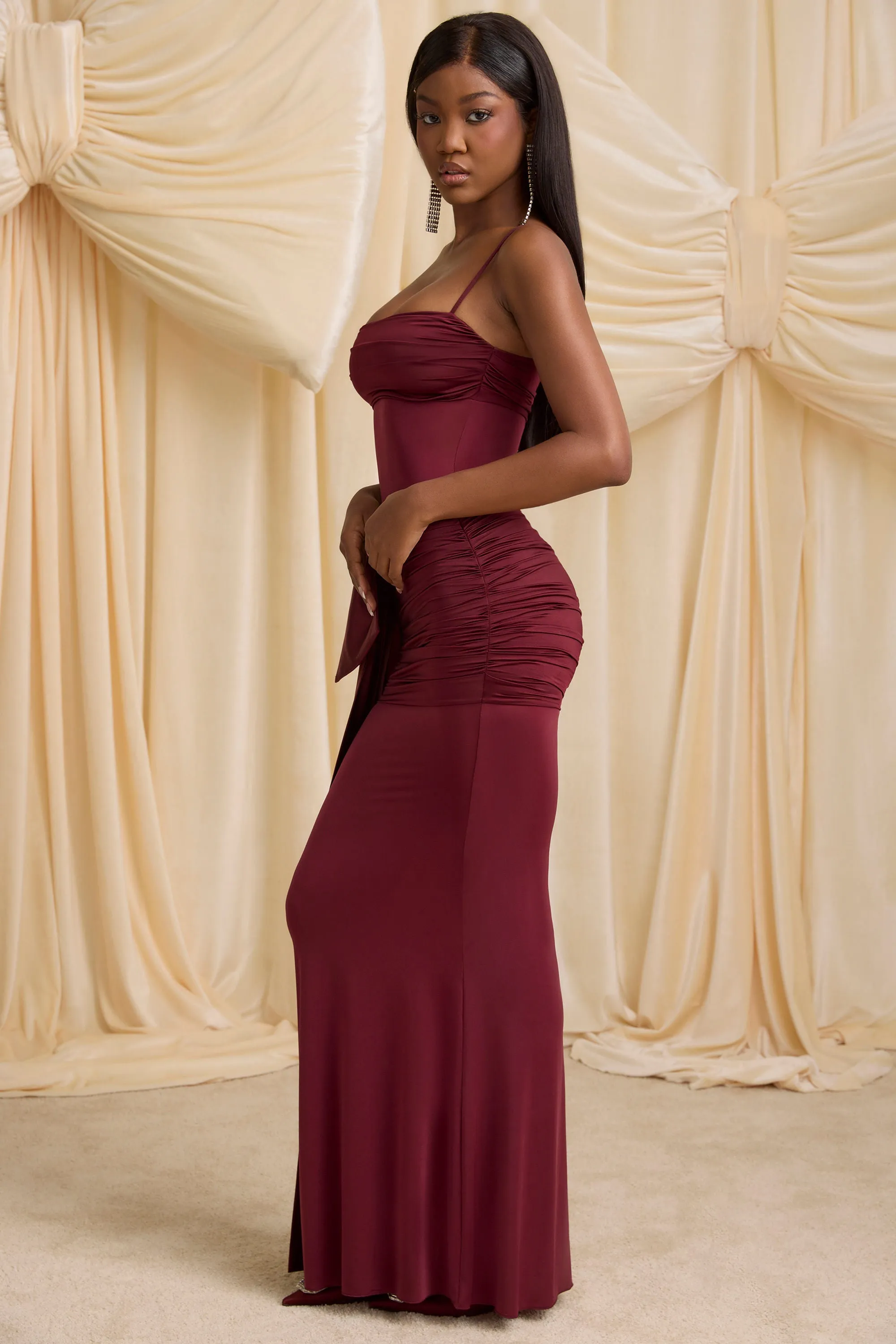 comfortable length Bow-Detail Ruched Maxi Dress in Wine Red
