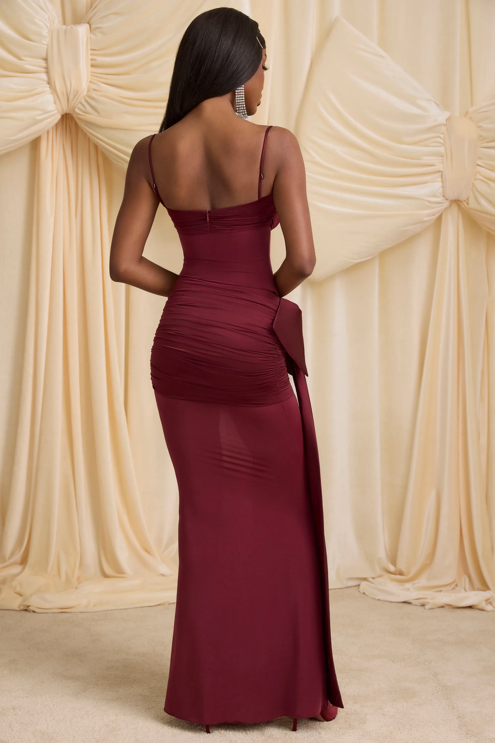 Bow-Detail Ruched Maxi Dress in Wine Red Dune Path