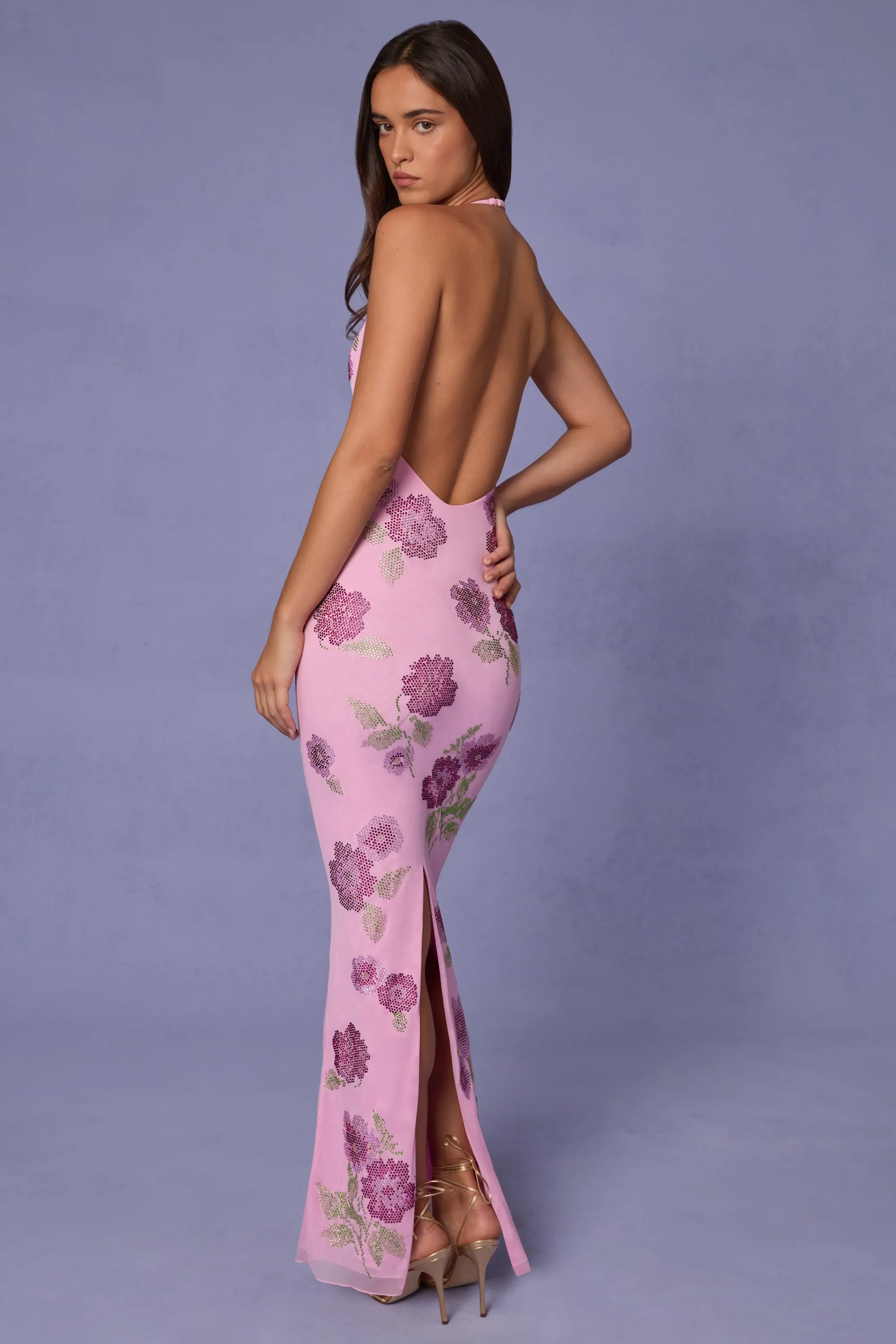 Cool Air Embellished Halterneck Maxi Dress in Soft Pink