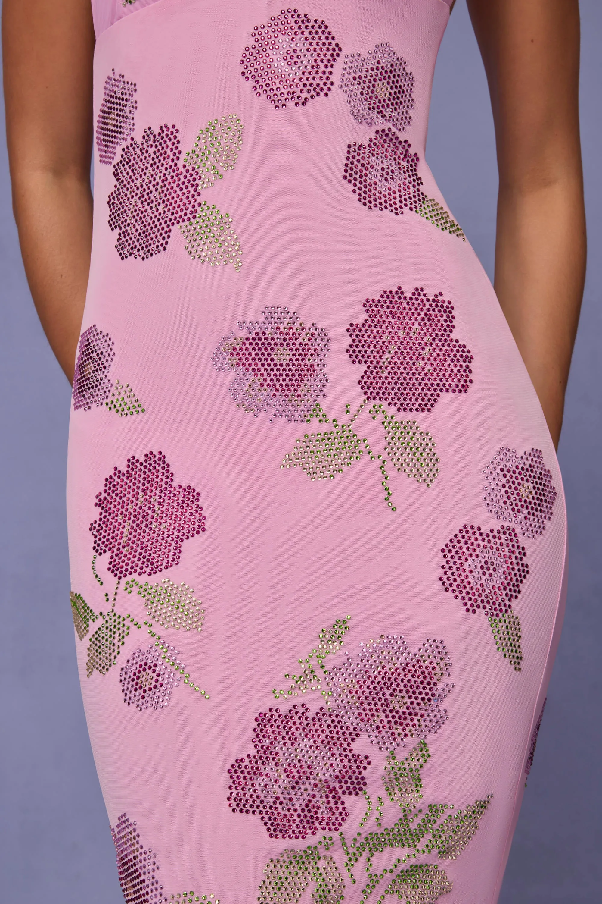 Emerald Pop Embellished Halterneck Maxi Dress in Soft Pink