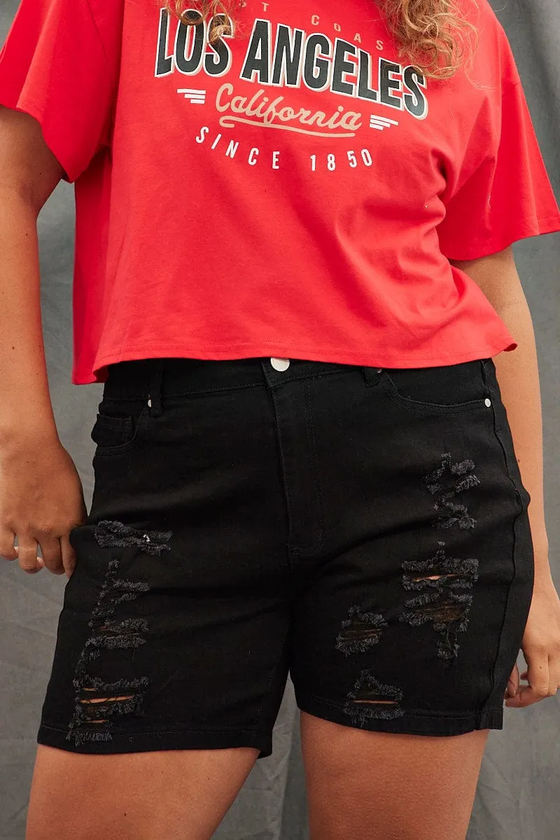 Black High Rise Distressed Knee Length Denim Shorts UltraSoft Texture Lightweight sweater