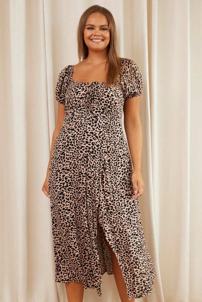 Animal Print Maxi Dress Scoop Neck Short Sleeve Vibrant Style Elegant Details