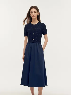 Denim Patchwork Sequins Gathered Waist Women Midi Dress Quick Layer