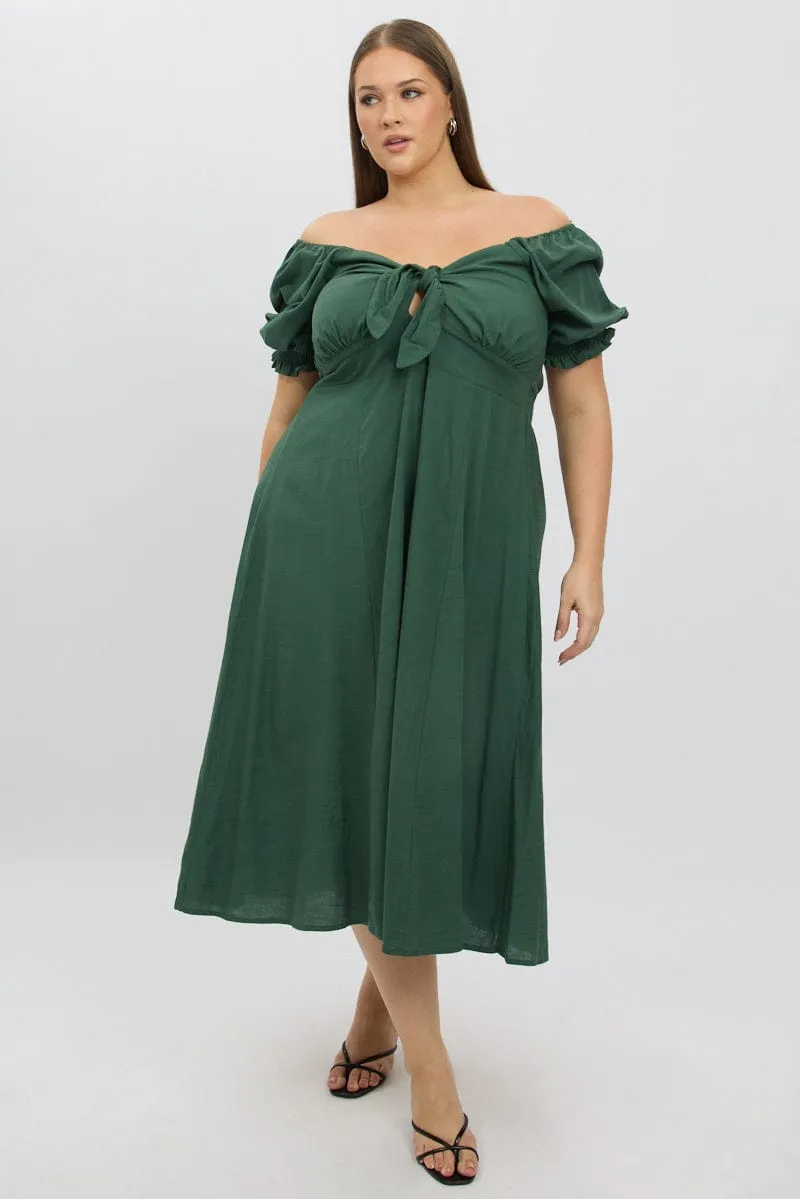 Daily Smart Green Midi Dress Short Sleeve Tie Front