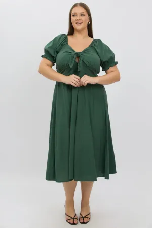 Green Midi Dress Short Sleeve Tie Front Chic Outfit