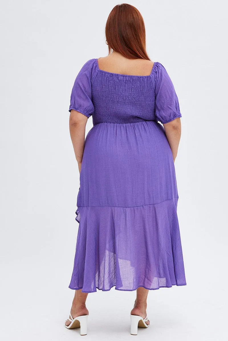 Brass Light Light Comfort Purple Midi Dress Short Sleeve Ruffle Ruched Bust