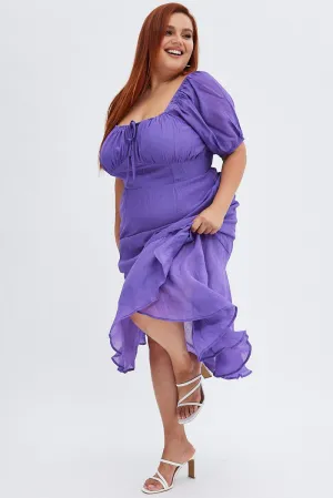 Sapphire Light Purple Midi Dress Short Sleeve Ruffle Ruched Bust