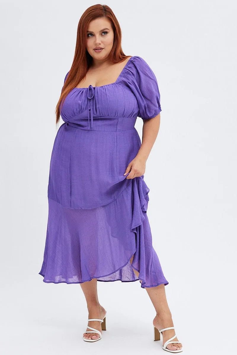 Purple Midi Dress Short Sleeve Ruffle Ruched Bust Sleek Silhouette Glass Glow
