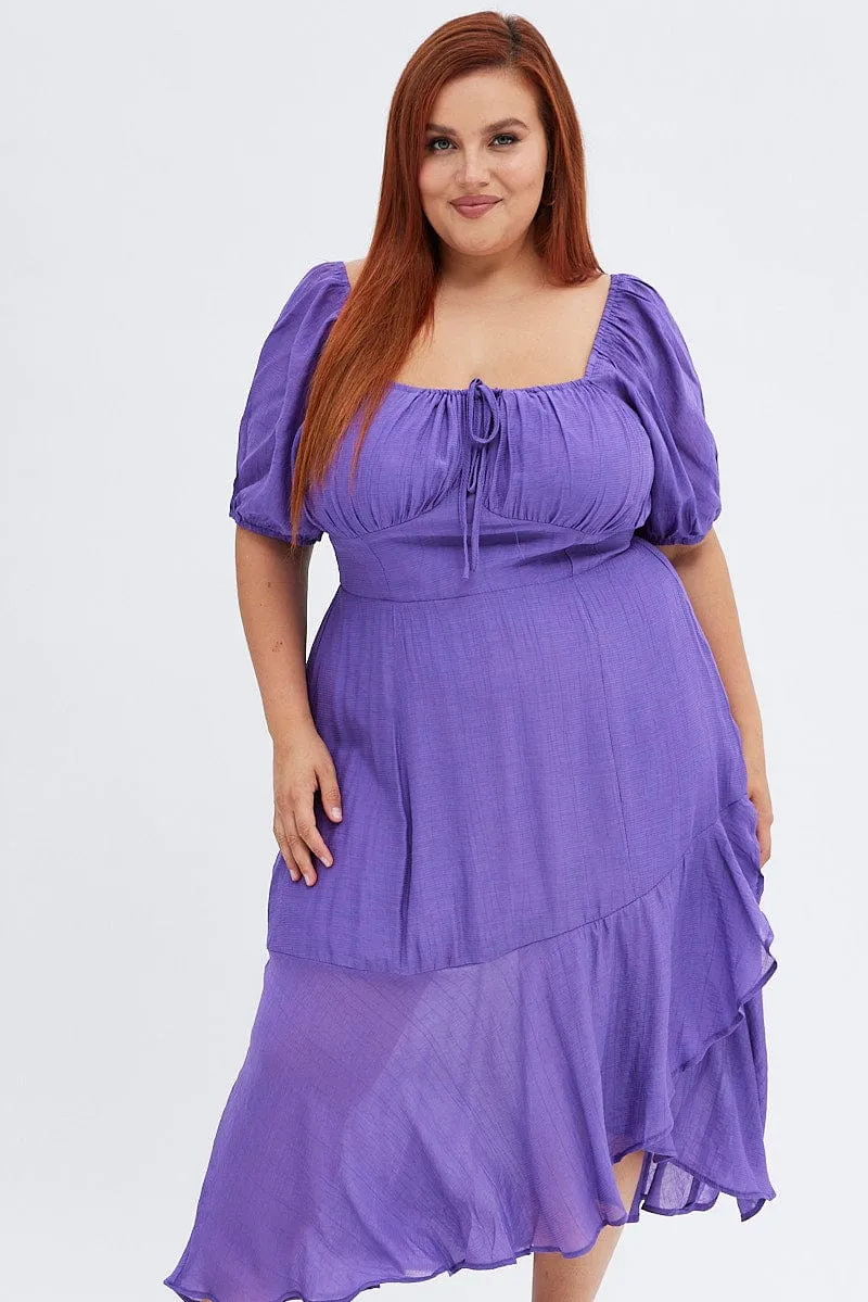 Flower Scent Purple Midi Dress Short Sleeve Ruffle Ruched Bust
