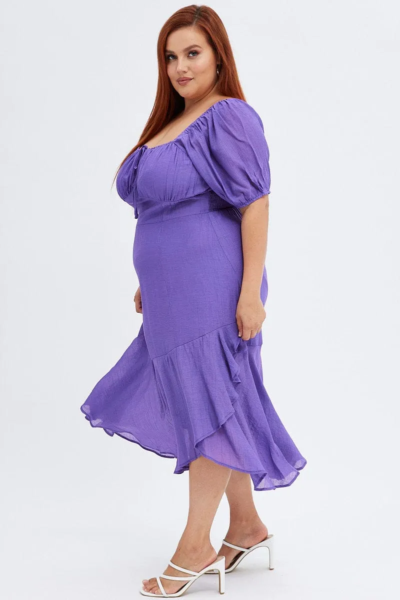 Purple Midi Dress Short Sleeve Ruffle Ruched Bust Trendy and Timeless Garden Stroll