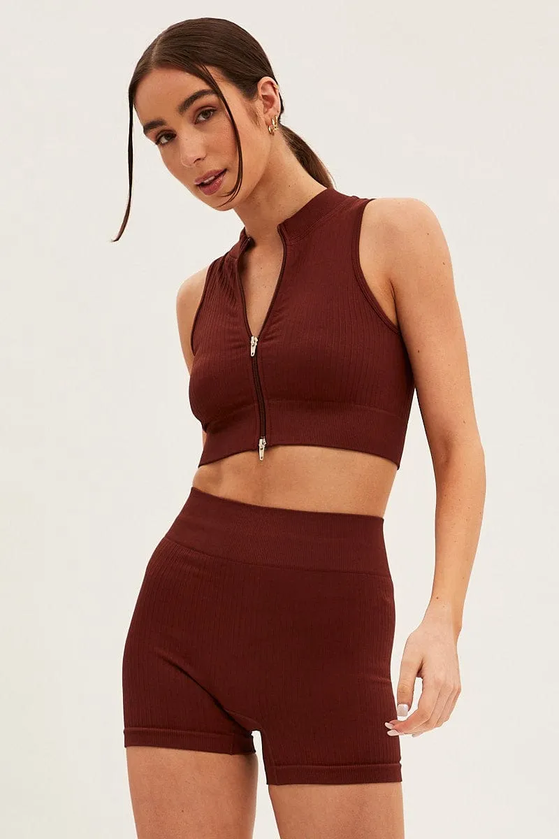 Brown Seamless Zip Top And Bike Shorts Activewear Set Wind Glow Stylish Blouse