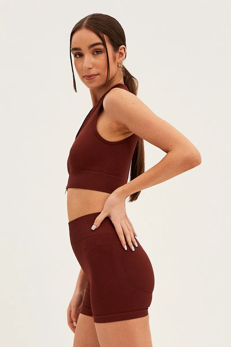 Brown Seamless Zip Top And Bike Shorts Activewear Set Country Core Cozy Wrap