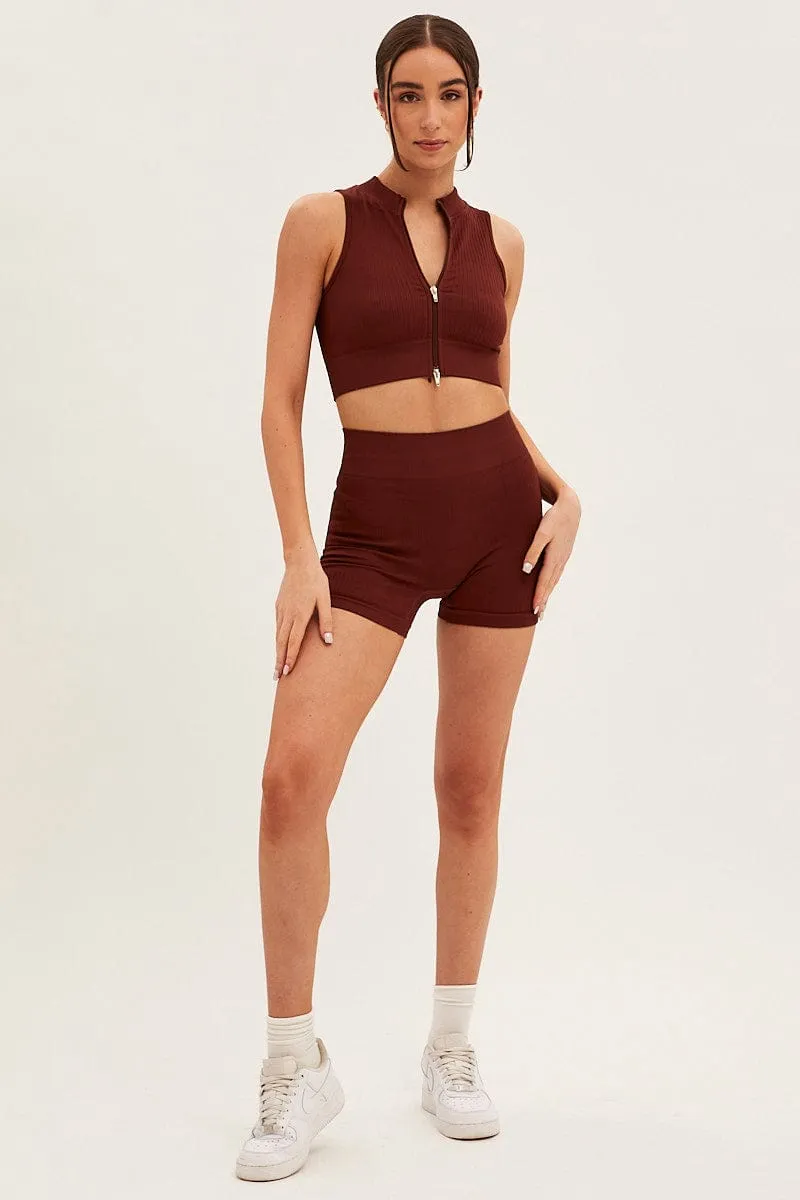 Brown Seamless Zip Top And Bike Shorts Activewear Set simple design