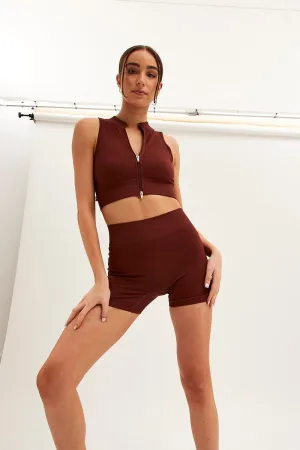 Brown Seamless Zip Top And Bike Shorts Activewear Set Trendy Trousers