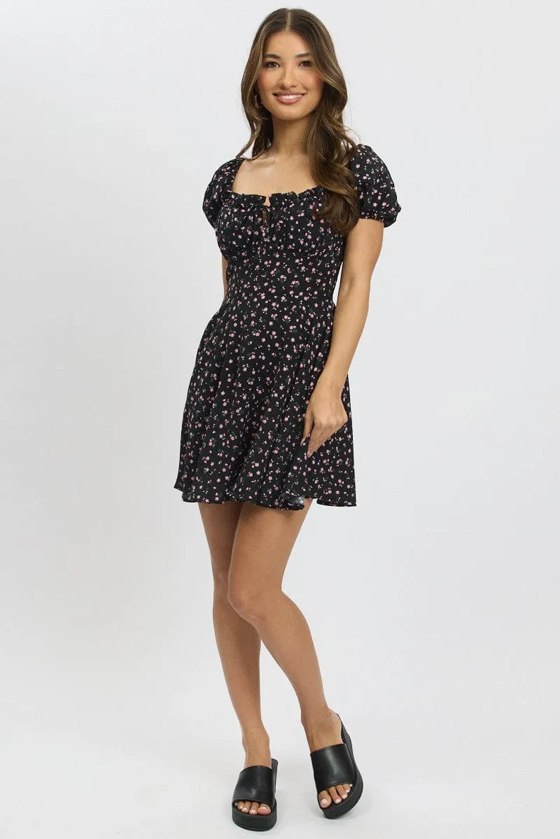 Boho Chic Look Black Ditsy Fit And Flare Dress Mini