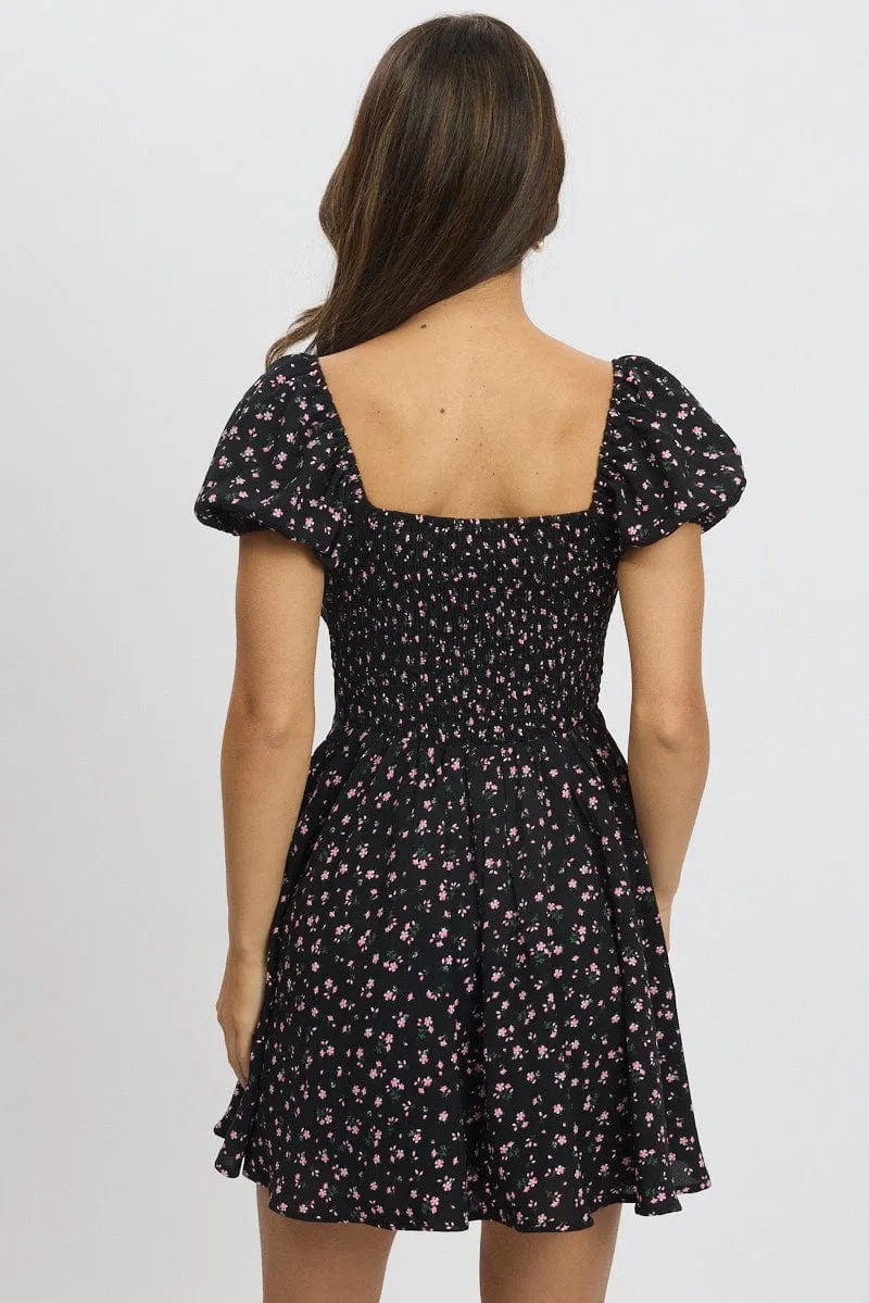 Black Ditsy Fit And Flare Dress Mini Youthful Design