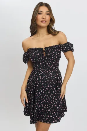 Black Ditsy Fit And Flare Dress Mini Street Ready