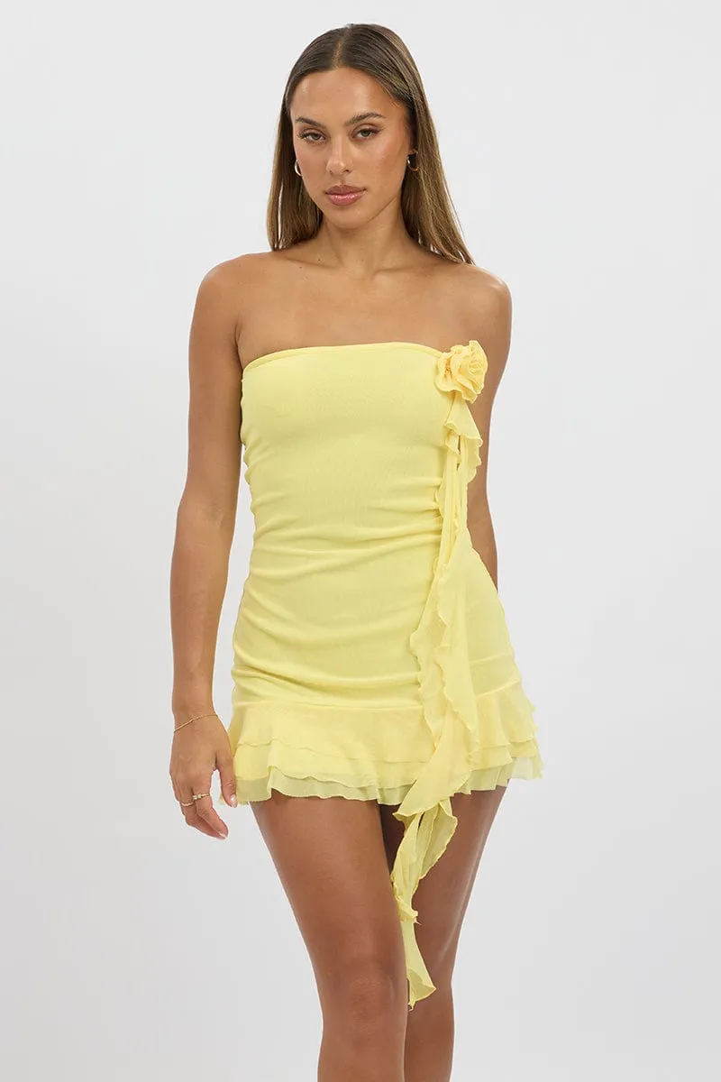 Yellow Strapless Dress Mini Frill Hem Mesh Playful Look Sheer Glam