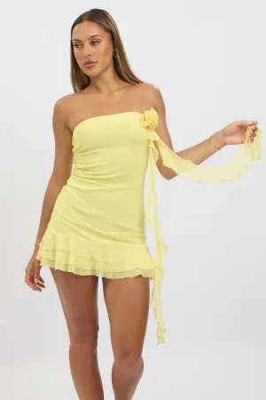 Chic Design Weekend Ready Yellow Strapless Dress Mini Frill Hem Mesh