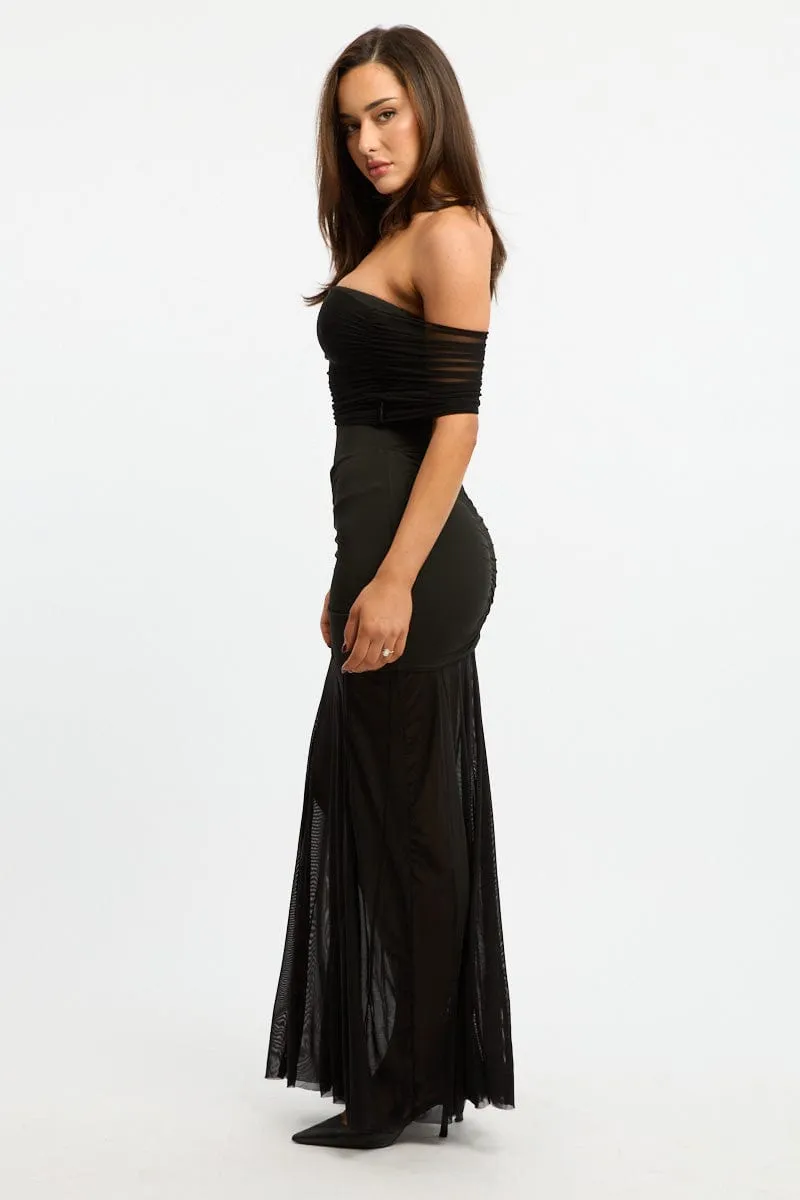 Black Off Shoulder Maxi Dress Mesh Wedding guest