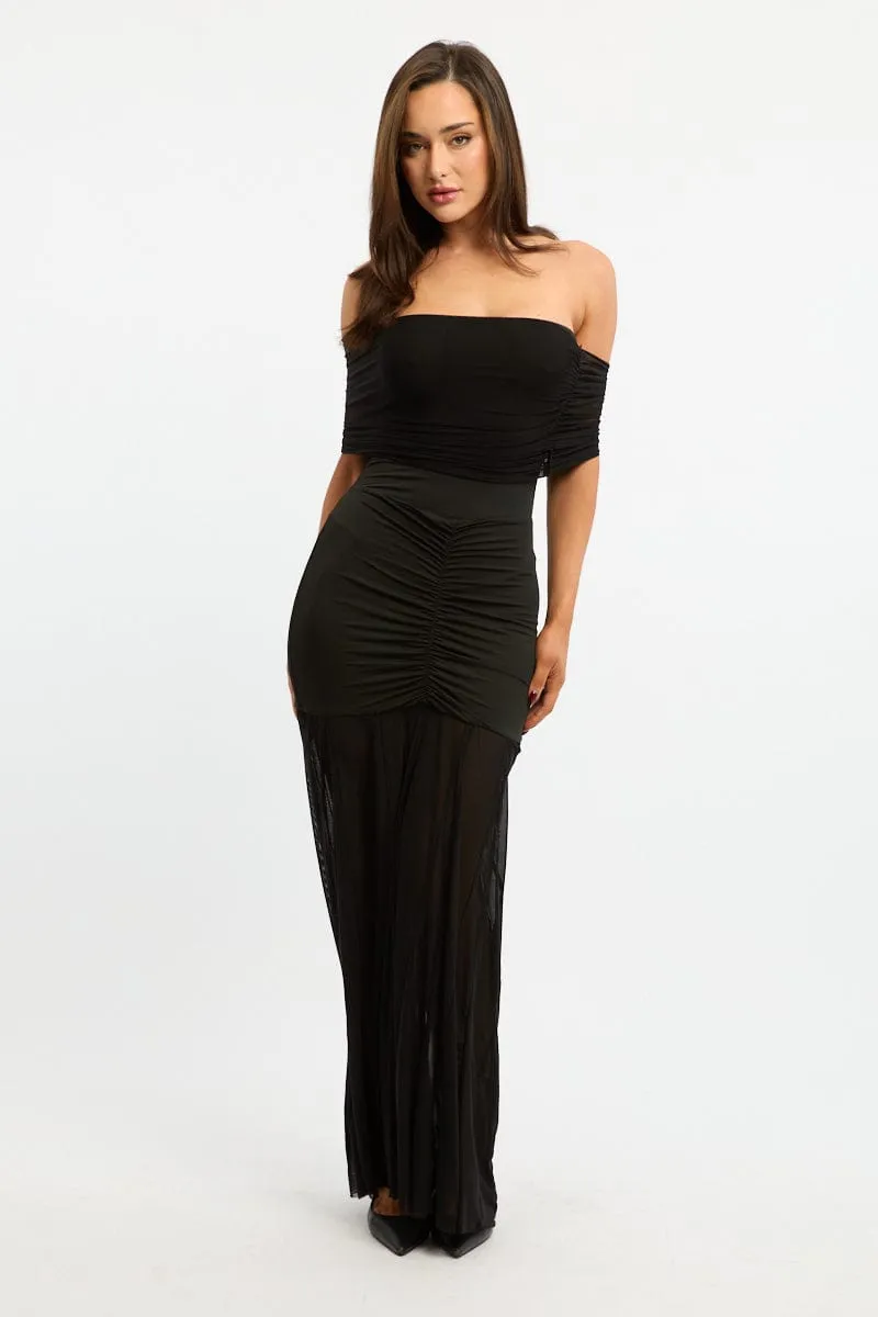 Black Off Shoulder Maxi Dress Mesh Moon Beam