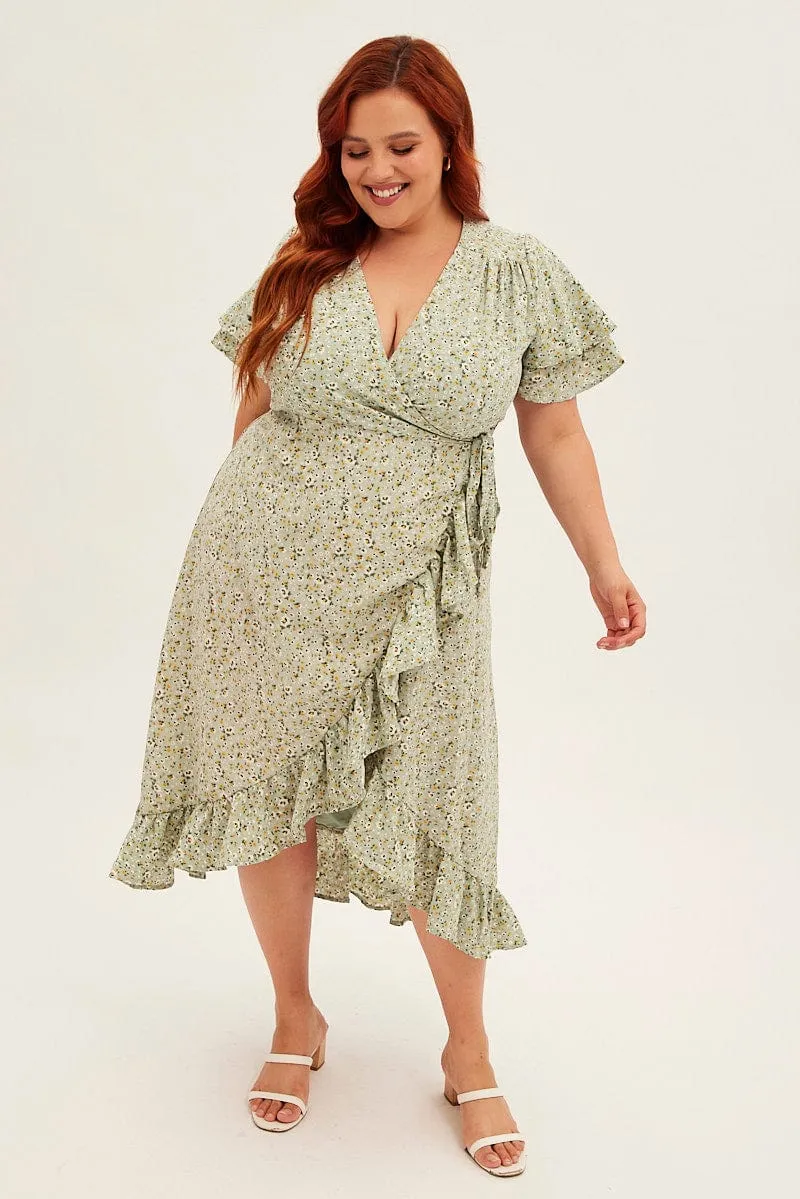 Casual chic midi Style Versatile Ditsy Print Short Sleeve Frill Hem Wrap Dress