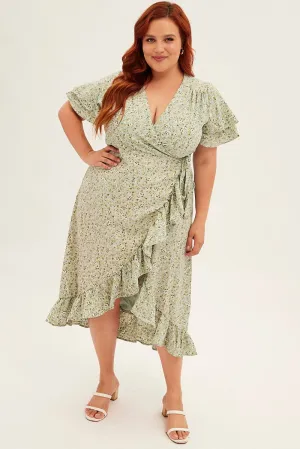 Ditsy Print Short Sleeve Frill Hem Wrap Dress All Season Wear Comfortable chic