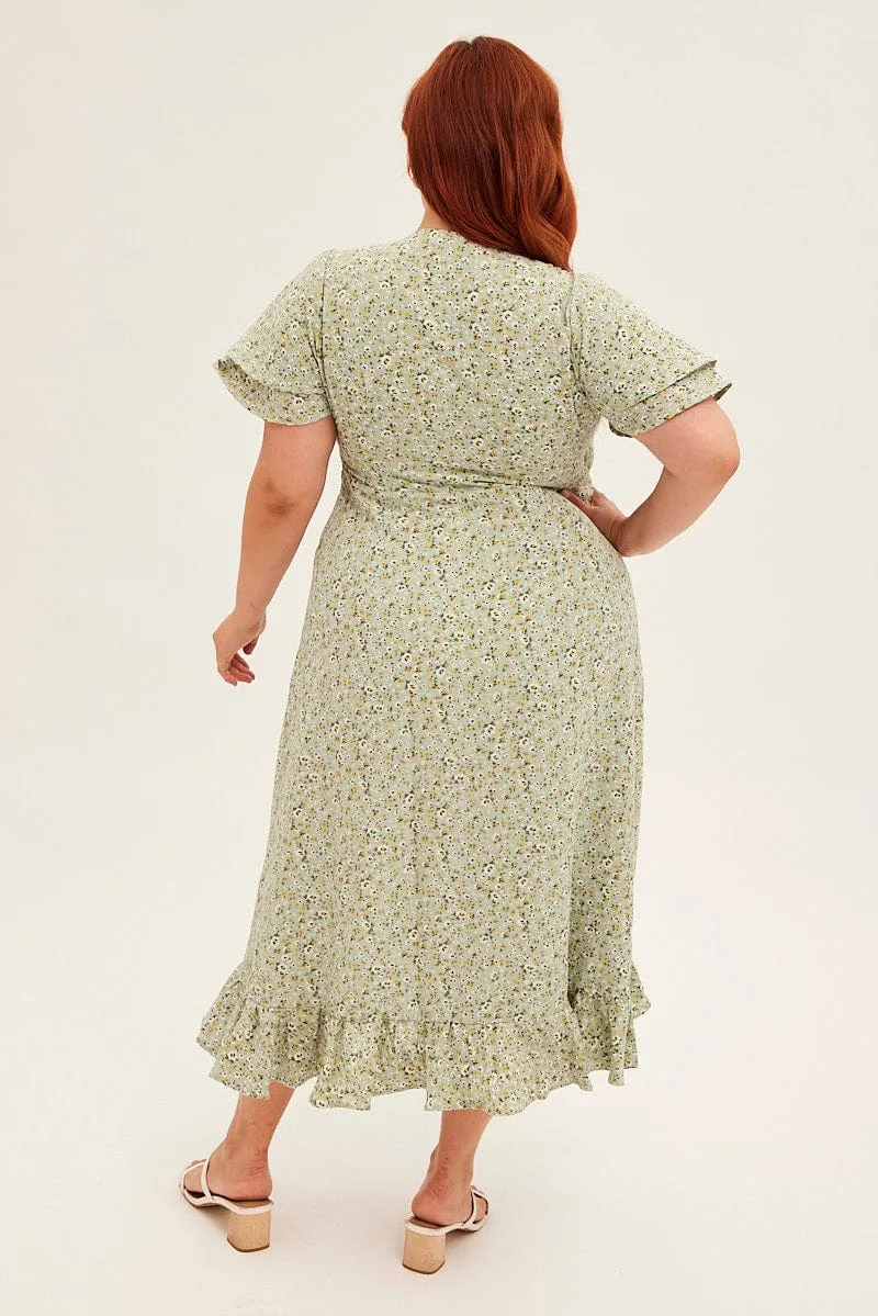 Ditsy Print Short Sleeve Frill Hem Wrap Dress Gala Ready