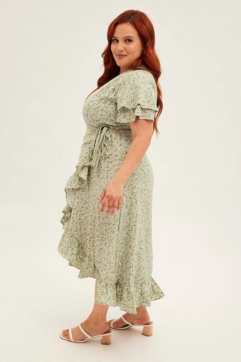 Ditsy Print Short Sleeve Frill Hem Wrap Dress french chic