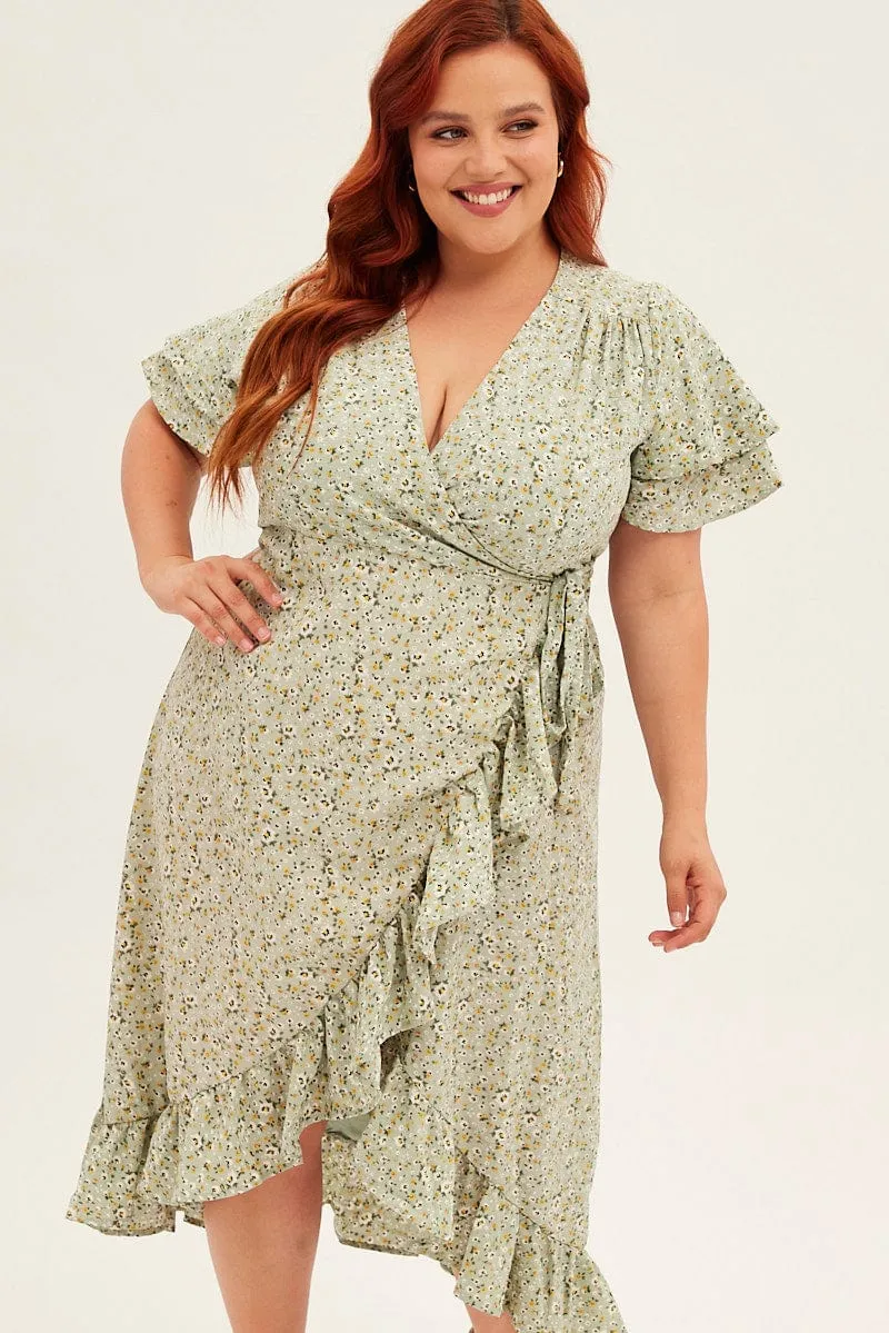 Dance Floor Weekend Ready Ditsy Print Short Sleeve Frill Hem Wrap Dress
