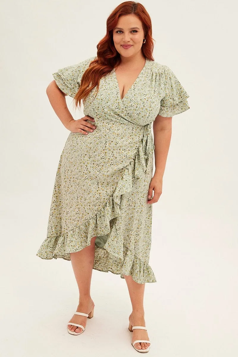 Ditsy Print Short Sleeve Frill Hem Wrap Dress All Season Wear Comfortable chic