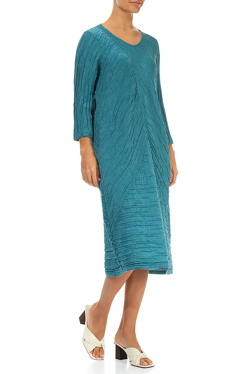 CompactWeave Active Style Crinkled Turquoise Silk Linen Midi Dress
