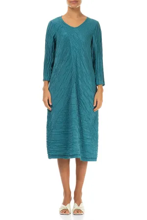 Casual Comfort Statement Wear Crinkled Turquoise Silk Linen Midi Dress