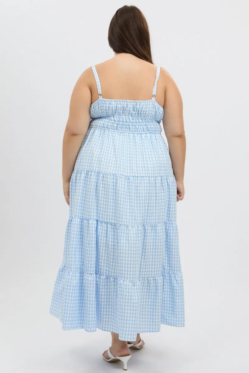 Comfy Smart Blue Check Midi Dress Sleeveless Tiered