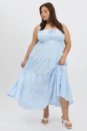 Soft Texture Modern Silhouette Blue Check Midi Dress Sleeveless Tiered