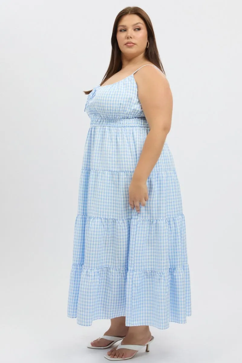 Blue Check Midi Dress Sleeveless Tiered Wind Song Fashionable details