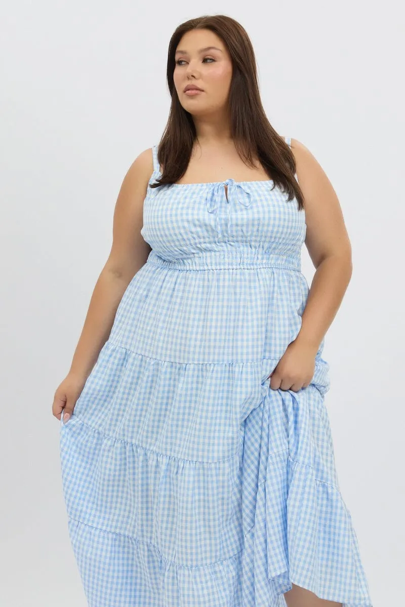 Day-to-night midi gown Shell Path Blue Check Midi Dress Sleeveless Tiered