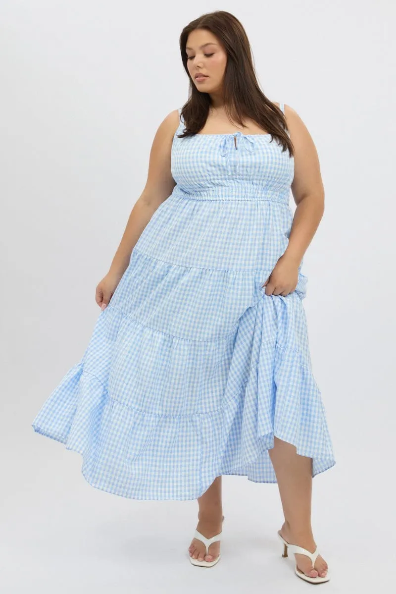 Soft Texture Modern Silhouette Blue Check Midi Dress Sleeveless Tiered