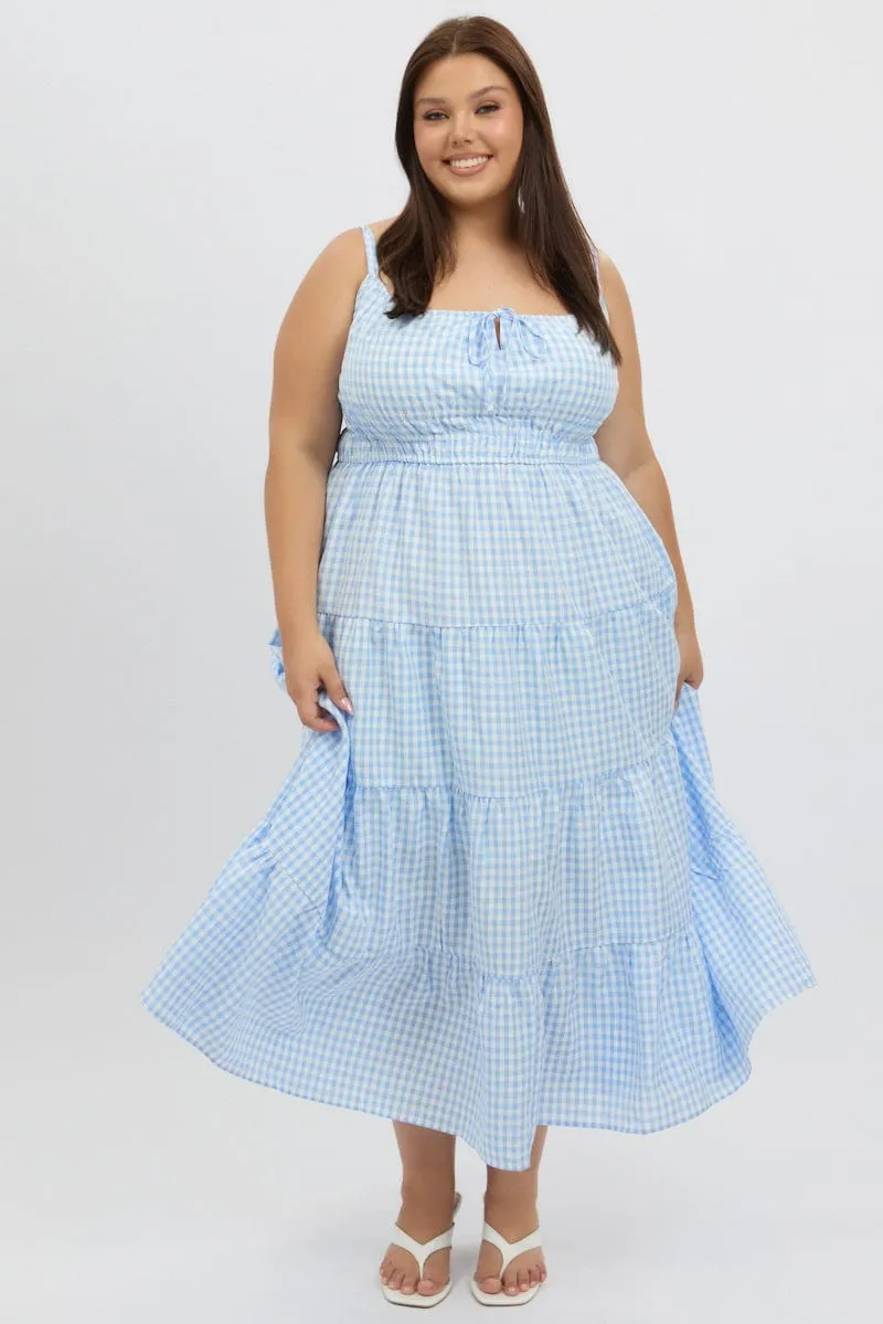Blue Check Midi Dress Sleeveless Tiered Grand Entry Business Meeting