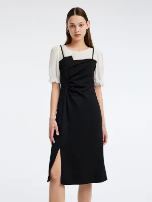 Photo Spot Knitted Puff Sleeve Patchwork Midi Dress