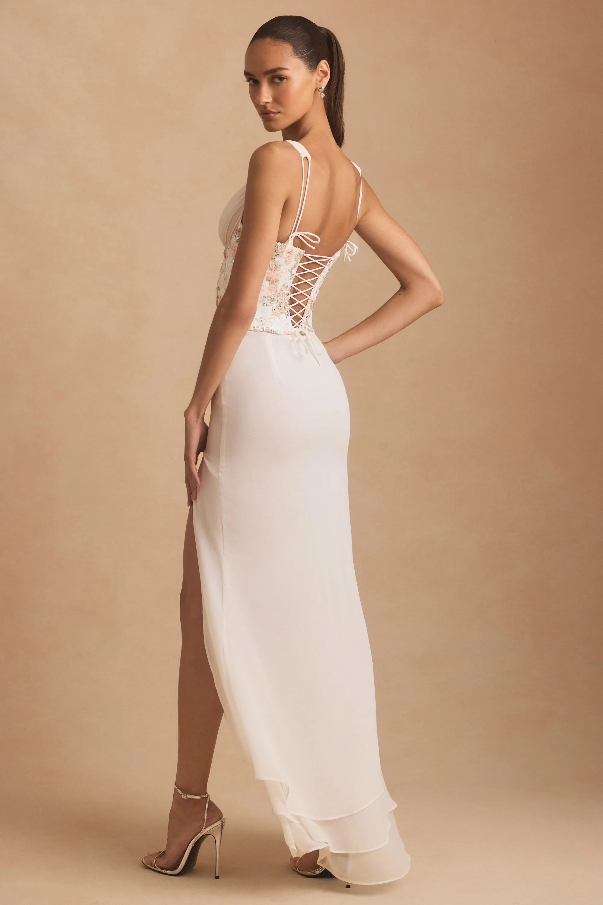 Trim Glow Maple Lane Embellished Plunge Ruffled Corset Maxi Dress in Ivory
