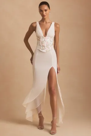 Gorgeous floor-length style Olive Green Embellished Plunge Ruffled Corset Maxi Dress in Ivory