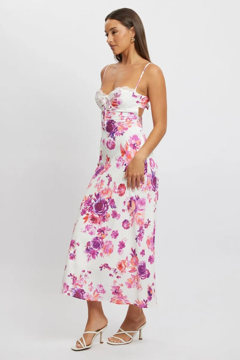 White Floral Maxi Dress Back Tie Satin A-Line Cut Golden Dune