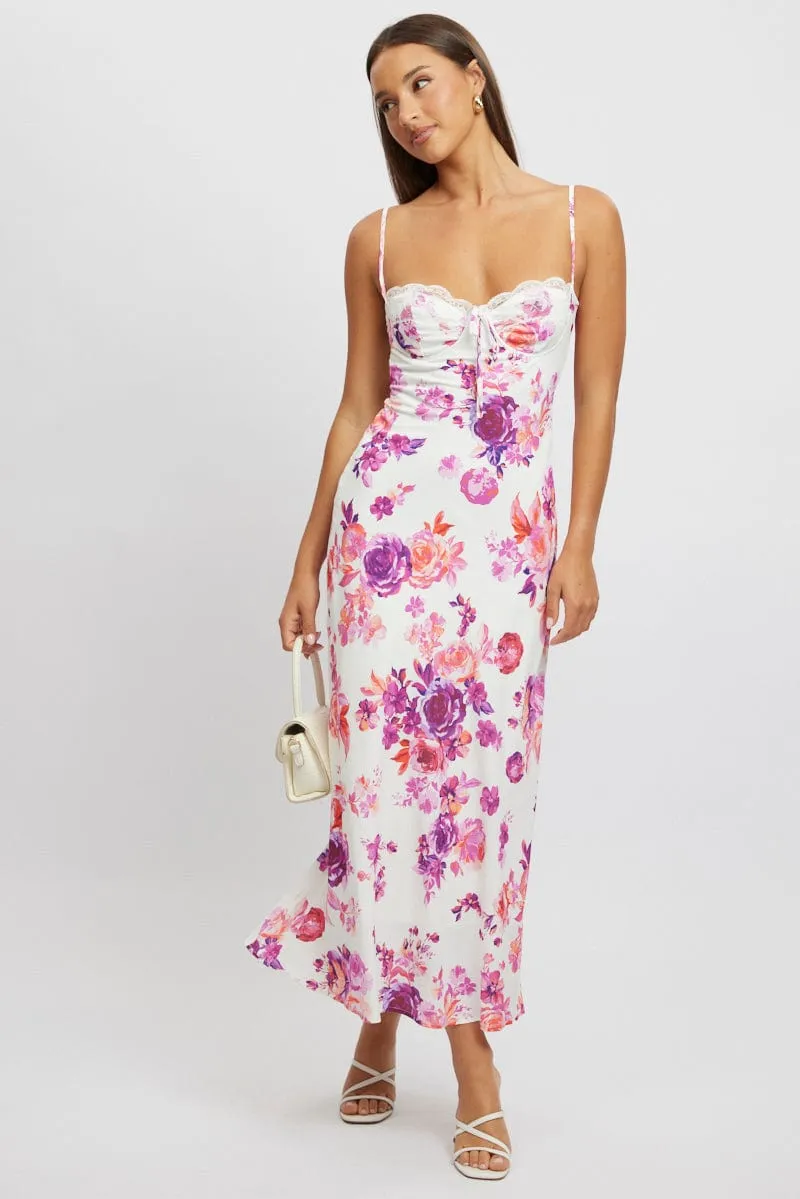 Metal Shine The classic design of this maxi dress makes it an essential piece for any fashion-forward wardrobe White Floral Maxi Dress Back Tie Satin