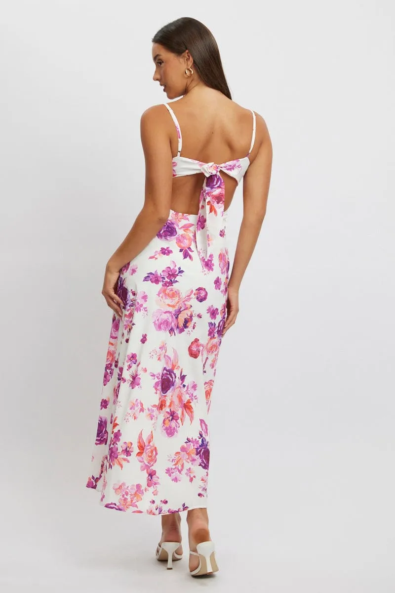 Muslin Glow Cherry Bloom White Floral Maxi Dress Back Tie Satin