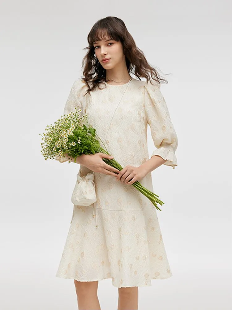 Jacquard A-Line Ruffle Women Midi Dress With Bag Weekend Ready