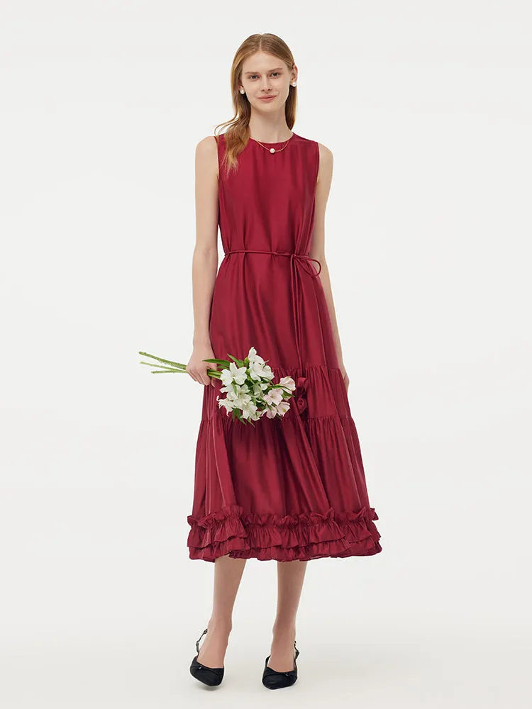 Leaf Song Easy Style Tencel Ruffle Hem Women Tiered Vest Midi Dress With Slip Dress And Belt