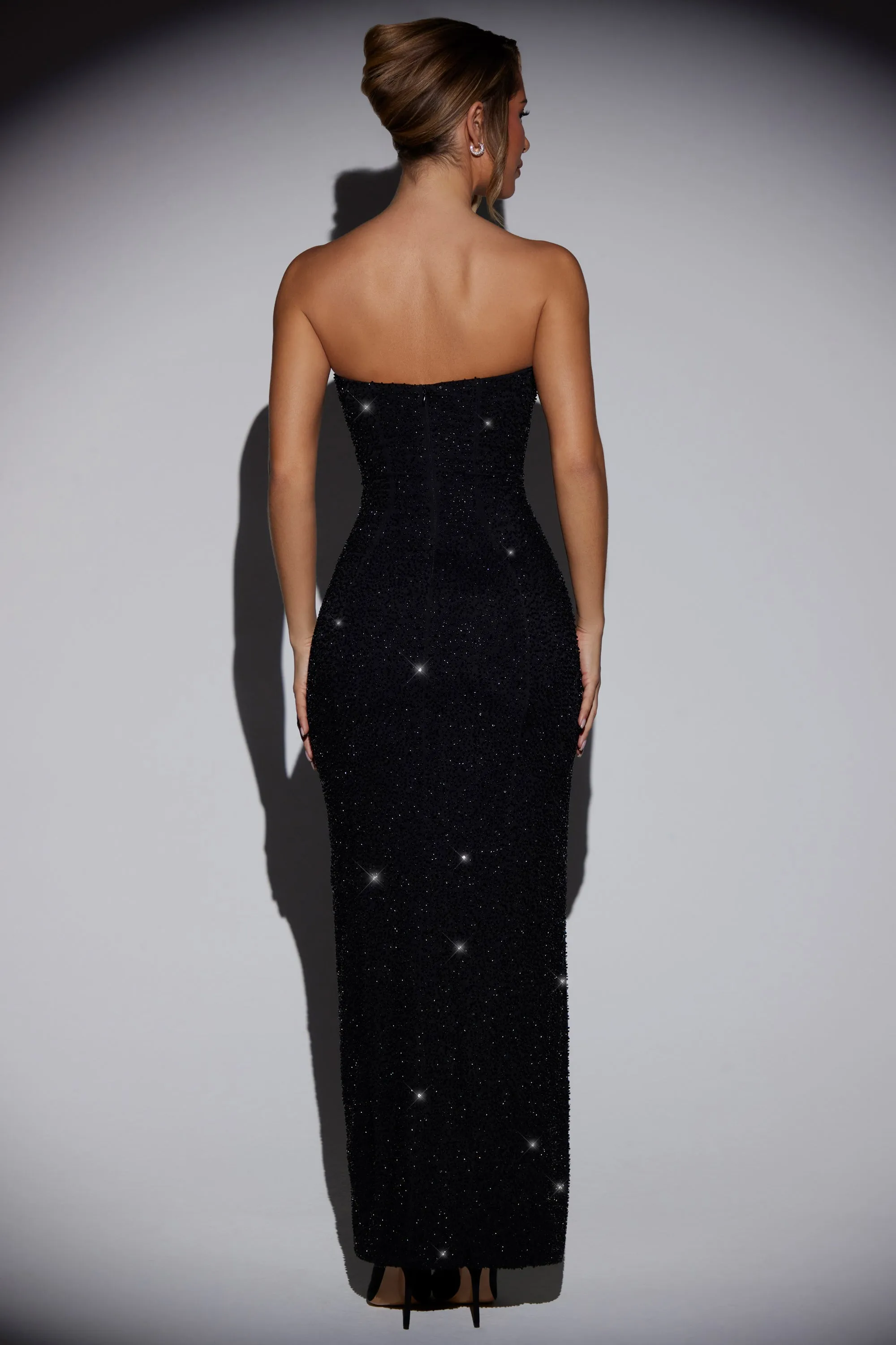 Plaza Glow Embellished Bandeau Cowl Neck Maxi Dress in Black